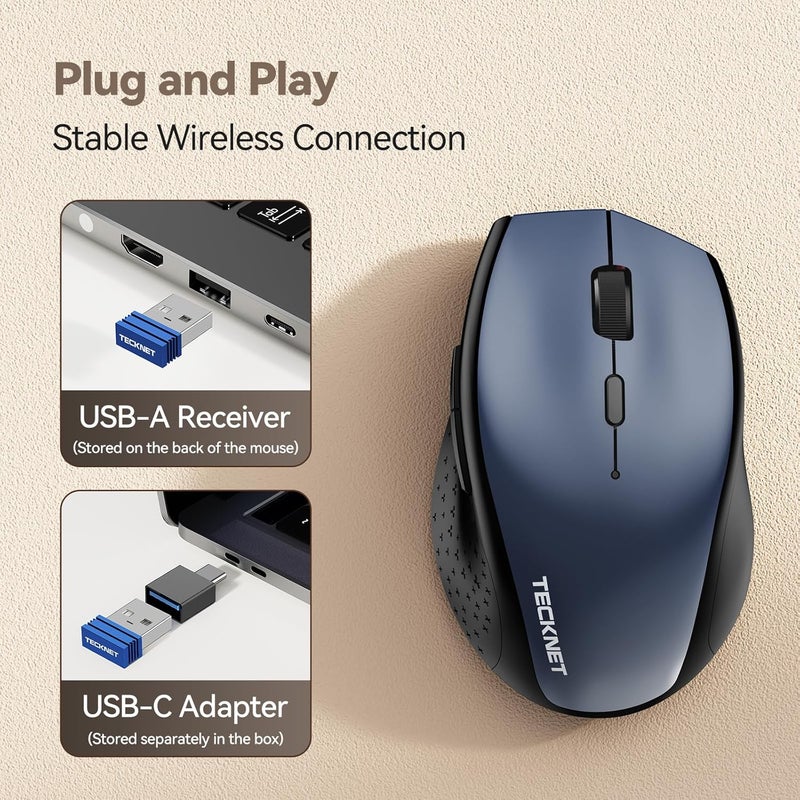 TECKNET Wireless Mouse Jiggler, Silent Click Rechargeable Mouse, Plug & Play with USB-C Adapter, 6400 DPI Ergonomic Mouse, Build-in Mouse Mover, 2.4G Computer Mice for Mac, Laptop, Desktop, PC - Image 4